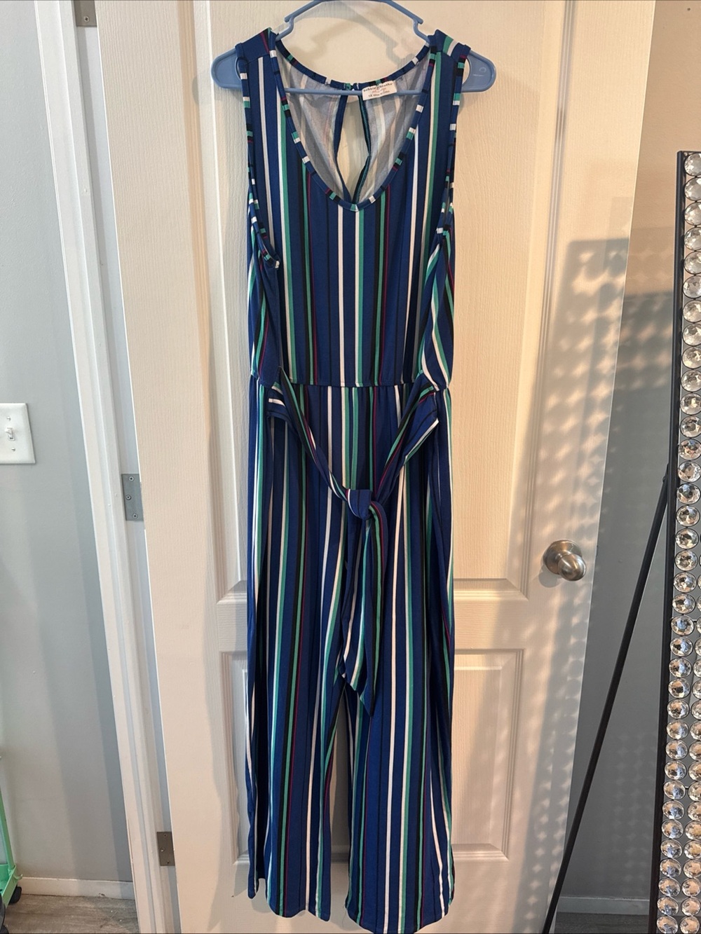 Bobbie Brooks Striped Sleeveless Jumpsuit in Navy, Teal & White